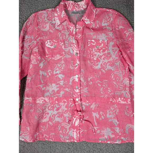 Chicos Top Pink Floral Button Drawstring Collared Long Sleeve Linen Blend Sz M - Picture 3 of 11